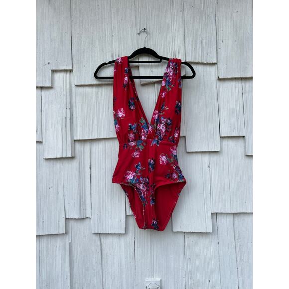 NWOT ModCloth The Lauren Red Floral Plunge Halter One-Piece Swimsuit Size XL - Picture 4 of 11